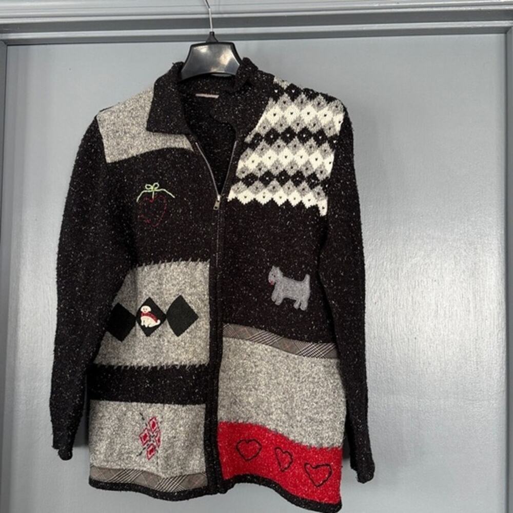 Vintage 90s Tanjay Women's Full Zip Sweater M/L Heathered Dog Grannycore Artsy